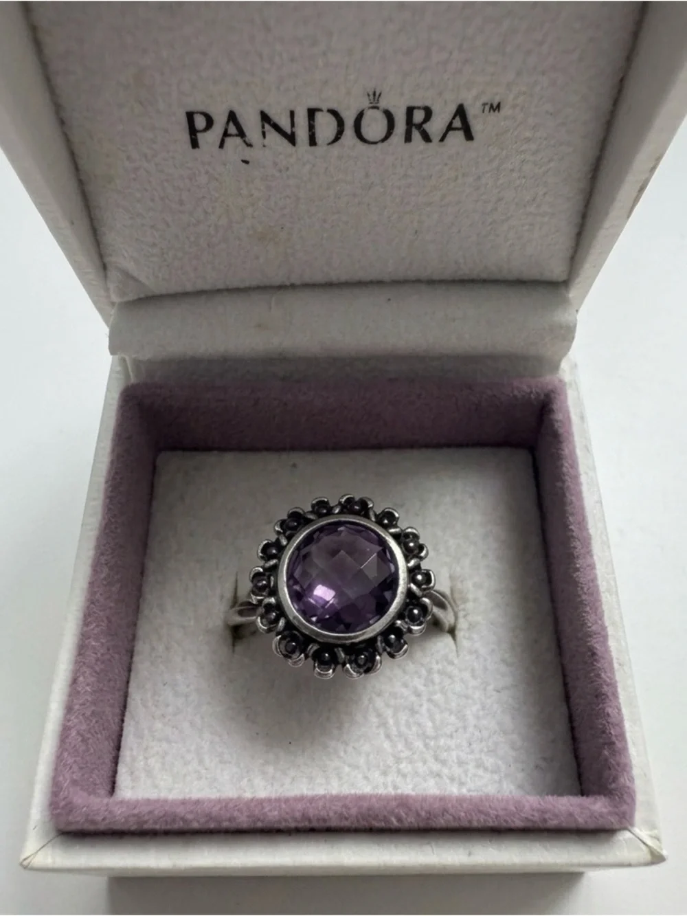 RARE Retired PANDORA Sterling Silver Purple Halo Ring w/ Original Box, sz 7 / 54